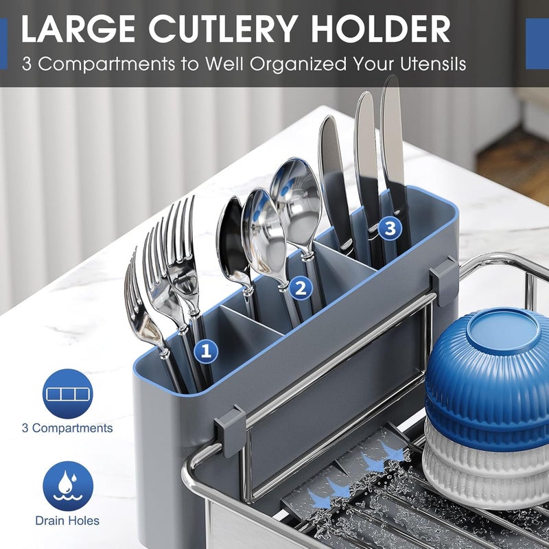 Urackify Stainless Steel Dish Drying Rack - Large Capcity 304 Grade Dish Drainer for Kitchen Counter with Drain Board, Utensil Holder & Detachable Cup Shelf, Rustproof Multifunctional Organizer - Image 3